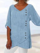 Blue Button-Trim V-Neck 3/4 Sleeve Asymmetric Hem Blouse