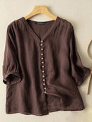 Women Solid V-Neck Button Front Cotton 3/4 Sleeve Shirt