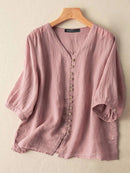 Women Solid V-Neck Button Front Cotton 3/4 Sleeve Shirt