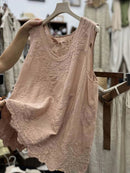 Women's Solid Color Embroidered Sleeveless Loose Fit Round Neck Tank Top