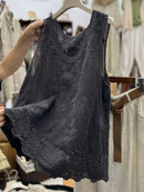 Women's Solid Color Embroidered Sleeveless Loose Fit Round Neck Tank Top