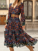 Ethnic V-neck Long Sleeve Comfy Midi Dress