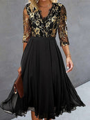 Black Lace Floral Embroidery V-Neck 3/4 Sleeve Elegant Midi Dress