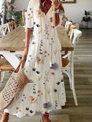 Women's Floral Print V-Neck Half Sleeve Casual Maxi Dress