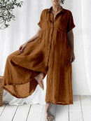 Casual Solid Linen Relaxed Lapel Jumpsuit for Women