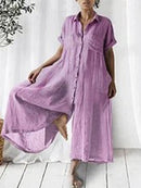 Casual Solid Linen Relaxed Lapel Jumpsuit for Women