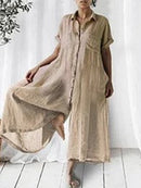 Casual Solid Linen Relaxed Lapel Jumpsuit for Women