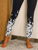 Black Floral Print Elastic Waist Leggings