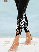 Floral Print Cut-Out Hem Leggings for Women