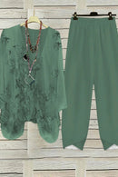 Women's Abstract Pattern V Neck Long Sleeve Comfortable Casual Top with Pants Two-Piece Set