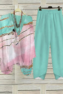Women's Abstract Pattern V Neck Long Sleeve Comfortable Casual Top with Pants Two-Piece Set