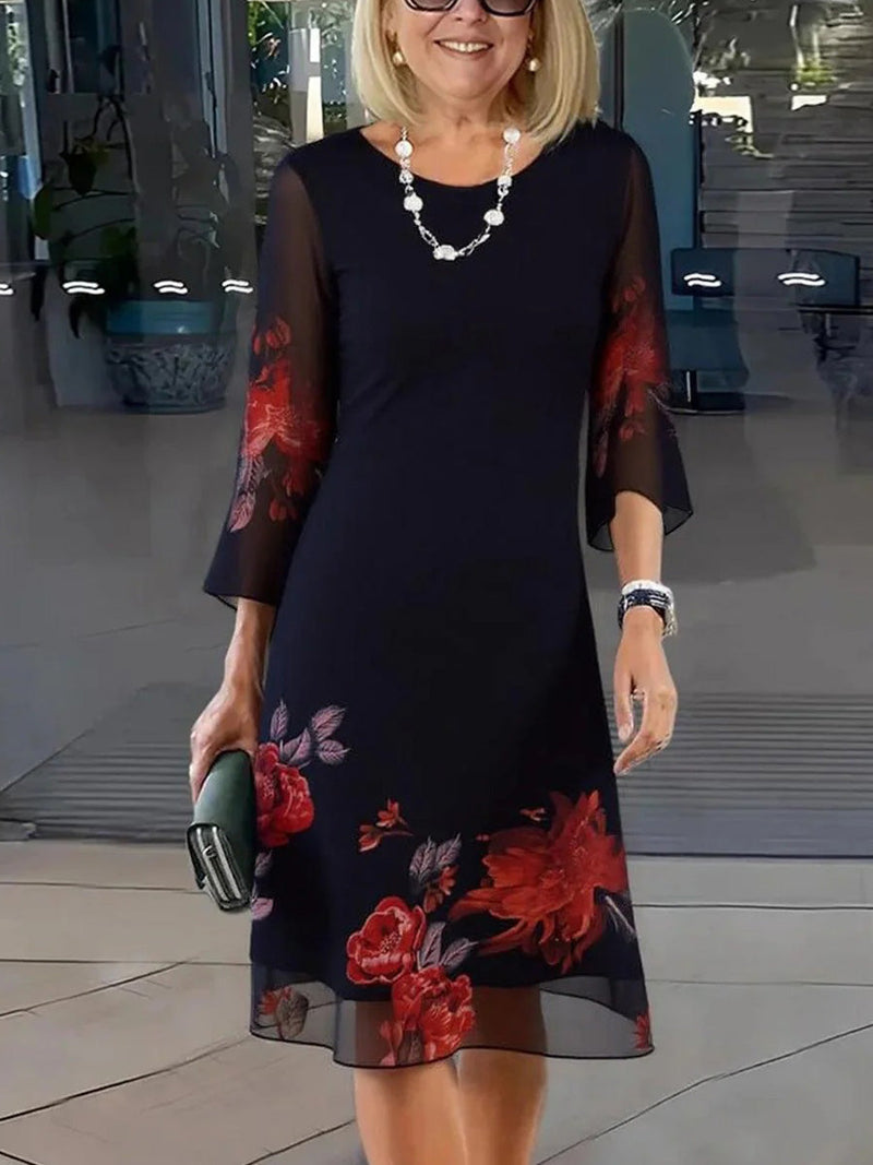 Gorgeous Floral Print 3/4 Sleeve Mini Dress