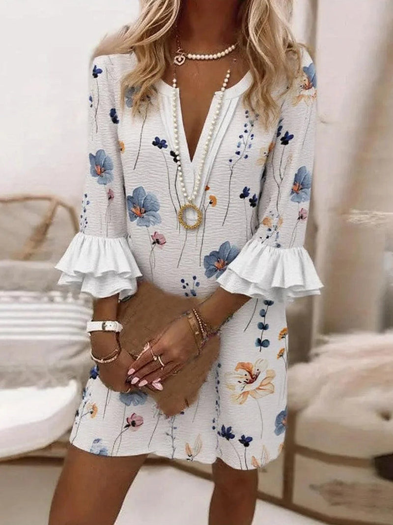 Casual Floral Print V-neck 3/4 Sleeve Mini Dress