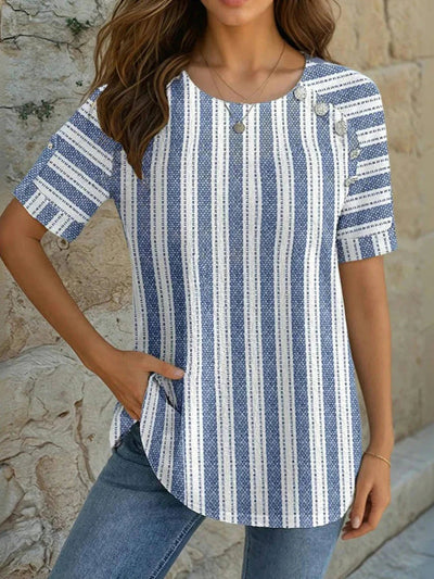 Stylish Striped Round Neck Short Sleeve Blouse