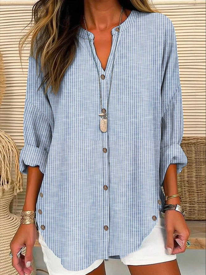 Light Blue Casual V-Neck Stripe Long Sleeve Blouse