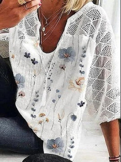 White Casual V-Neck Floral Printed Half Sleeve Blouse