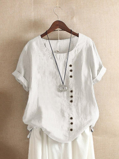 Casual Women's Short Sleeve Cotton Blouse with Side Fastenings