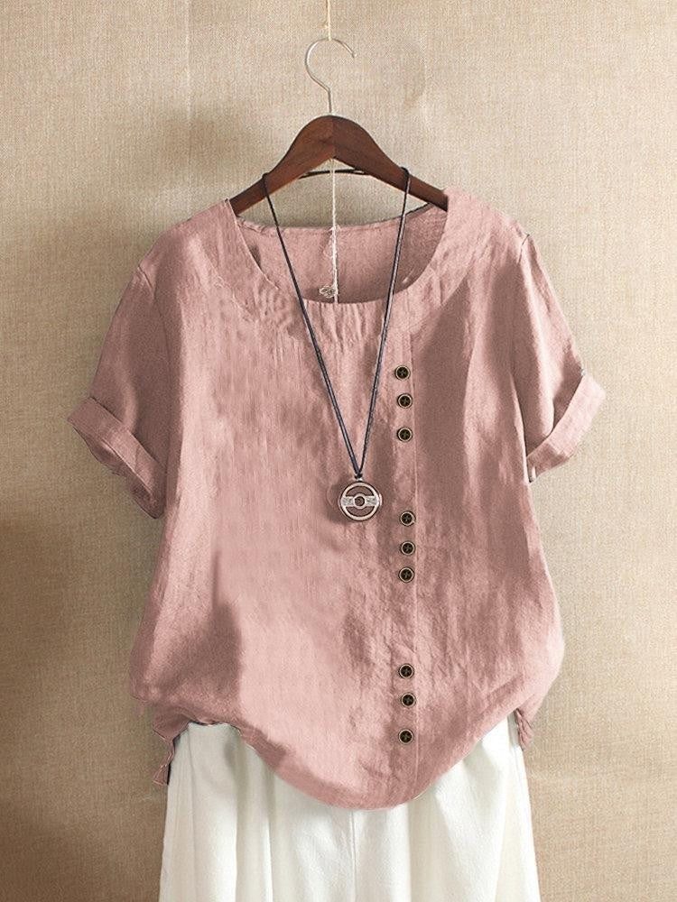 Casual Women's Short Sleeve Cotton Blouse with Side Fastenings