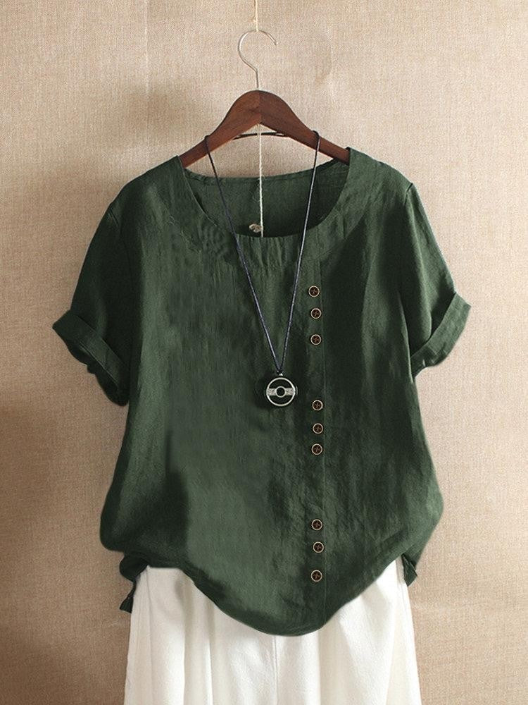 Casual Women's Short Sleeve Cotton Blouse with Side Fastenings