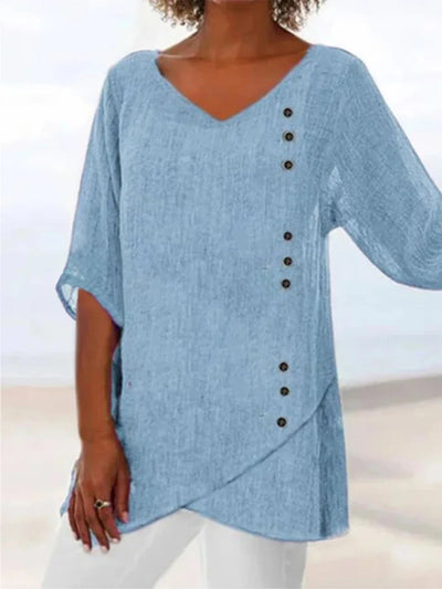 Blue Button-Trim V-Neck 3/4 Sleeve Asymmetric Hem Blouse