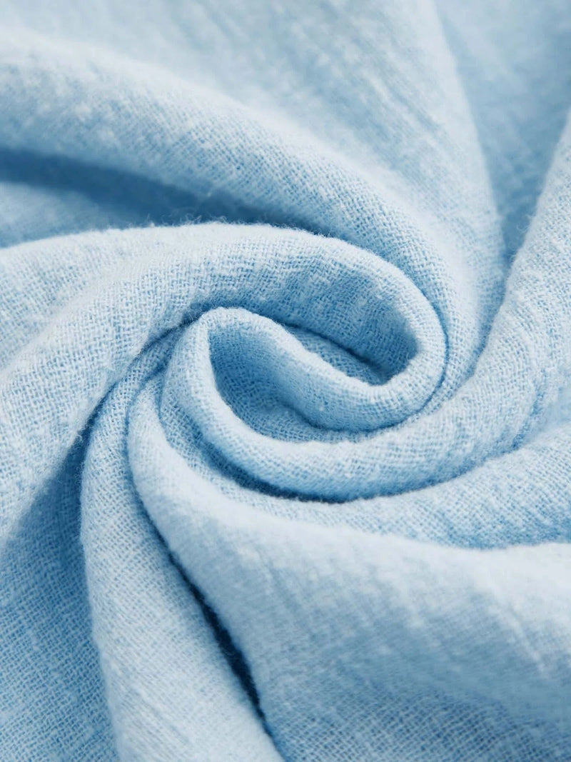 Blue Button-Trim V-Neck 3/4 Sleeve Asymmetric Hem Blouse