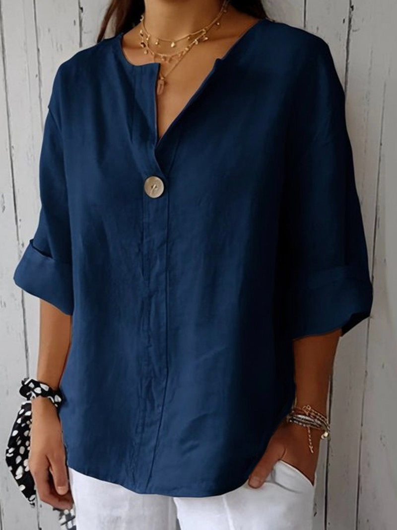 Women's Cotton Relaxed 3/4 Sleeve One-Button Blouse