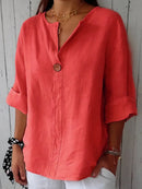Women's Cotton Relaxed 3/4 Sleeve One-Button Blouse