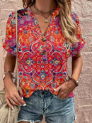 Short Sleeve V-Neck Button Floral T-Shirt