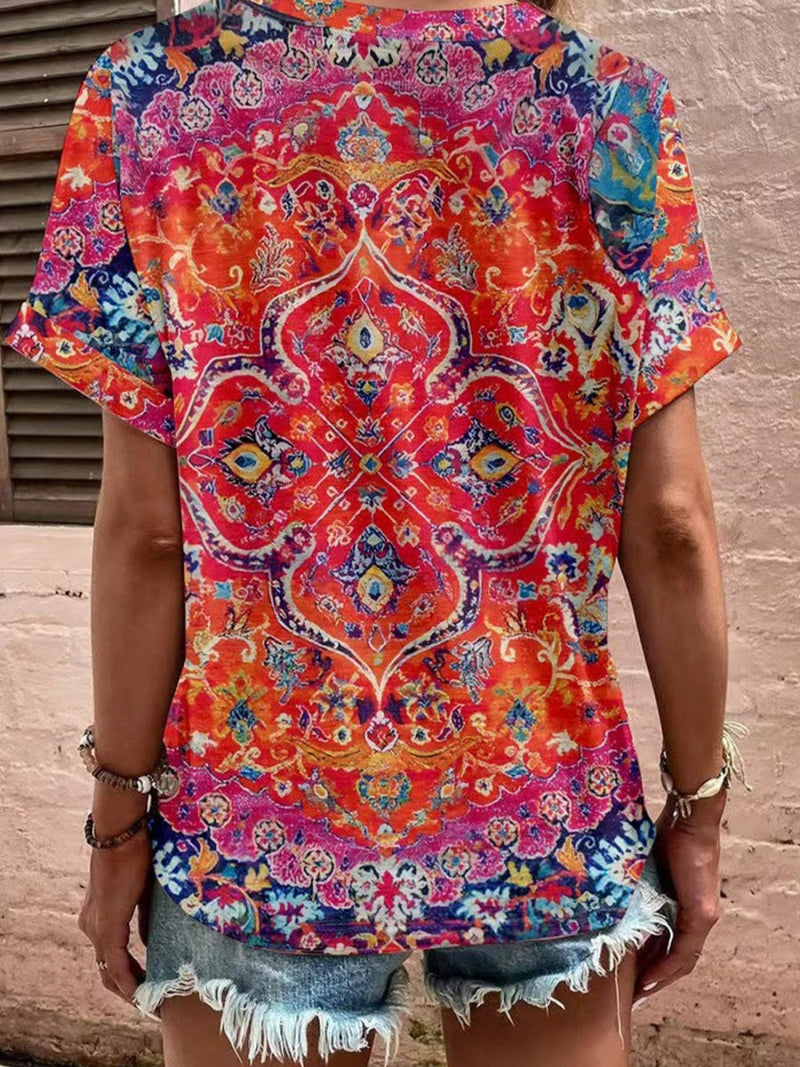 Short Sleeve V-Neck Button Floral T-Shirt