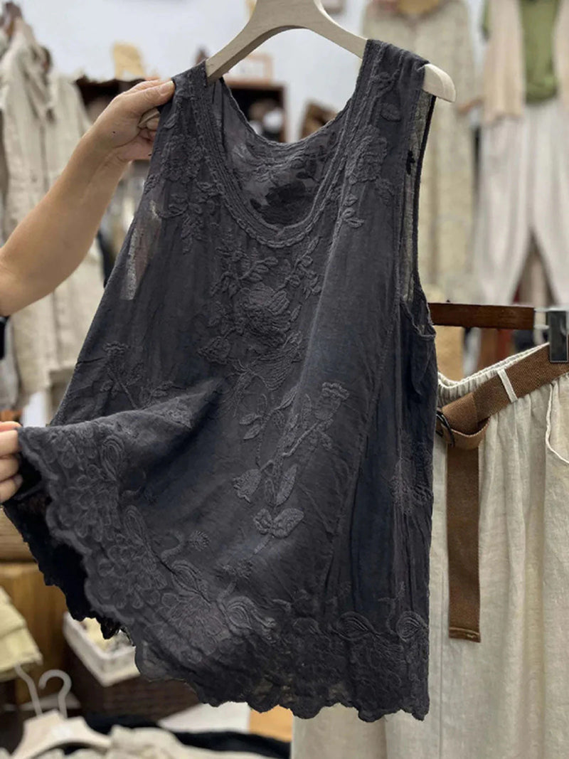 Women's Solid Color Embroidered Sleeveless Loose Fit Round Neck Tank Top