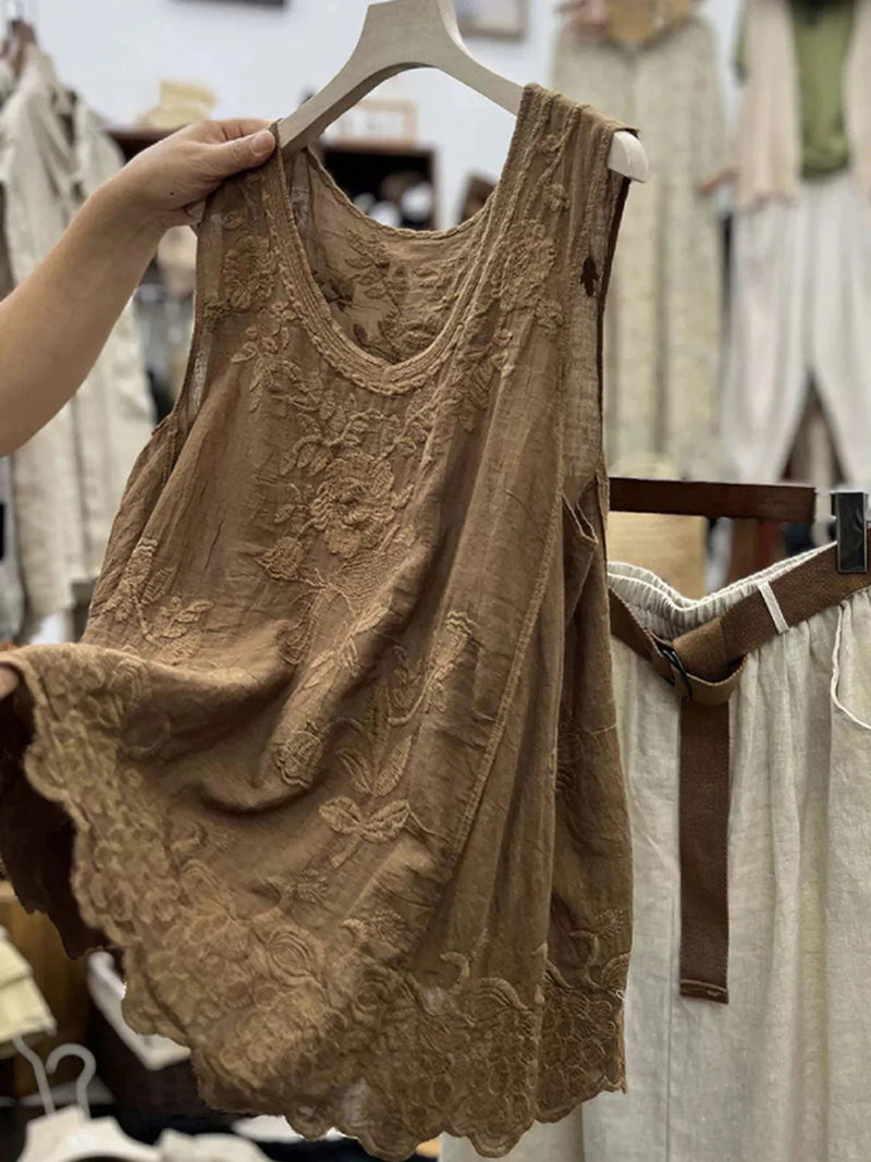 Women's Solid Color Embroidered Sleeveless Loose Fit Round Neck Tank Top