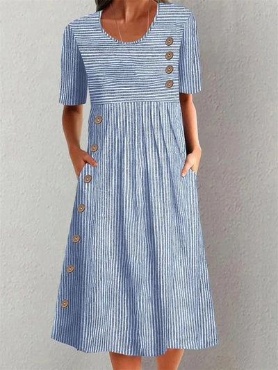 Striped Short Sleeve Button-Down Midi Dress with Side Pockets