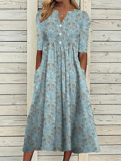 Floral Print V-Neck Pleated Half Sleeve Midi Dress with Pockets