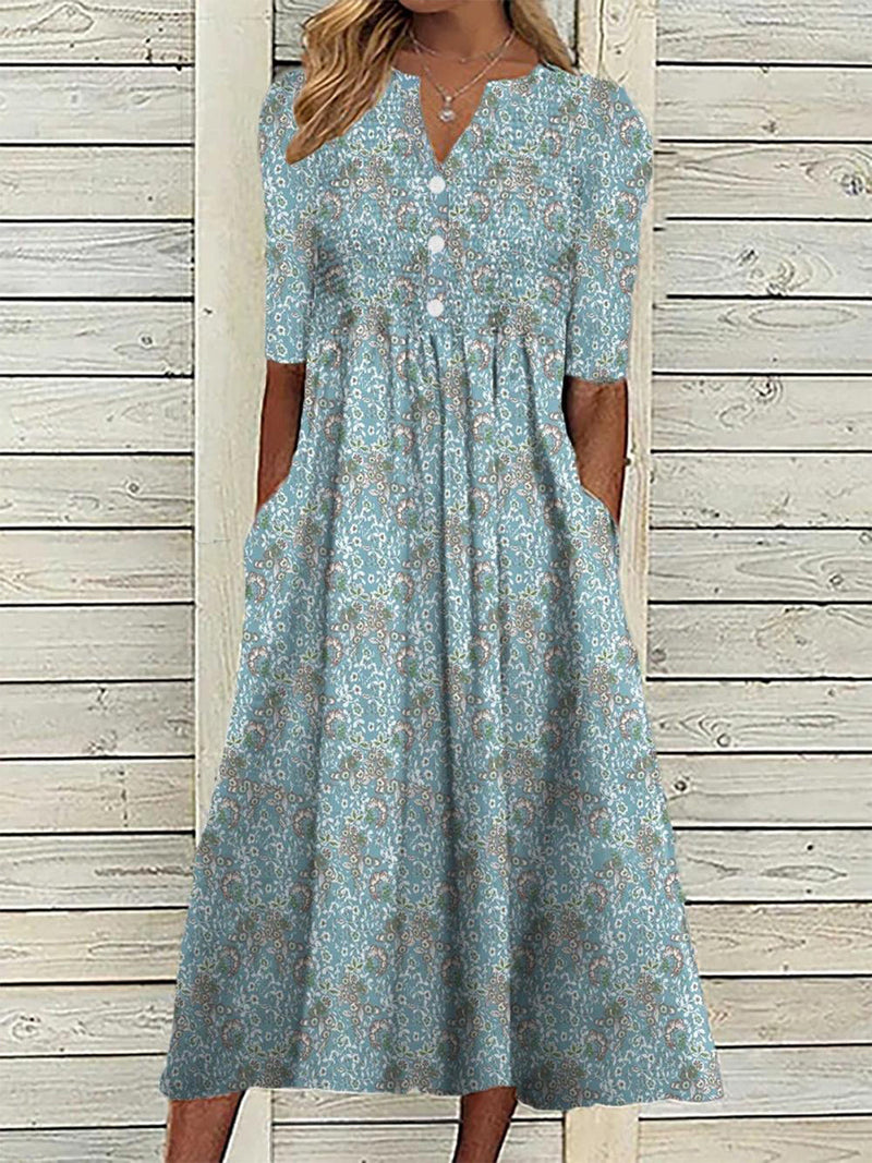 Floral Print V-Neck Pleated Half Sleeve Midi Dress with Pockets