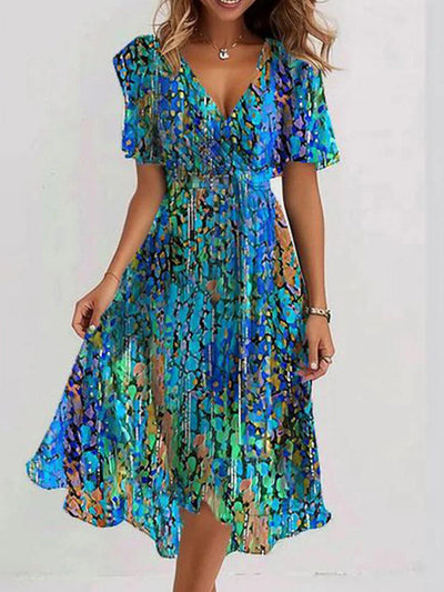 Blue Printed V-Neck Short Sleeve Flowy Midi Dress for Women