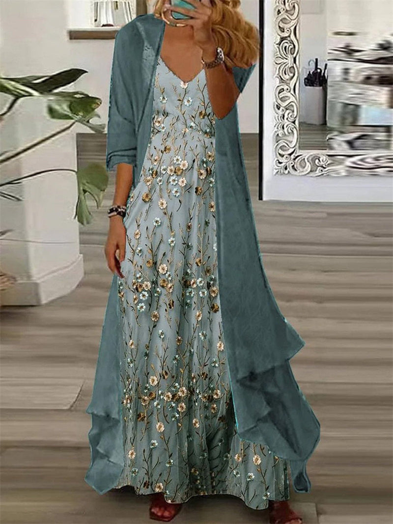 Elegant Floral Maxi Dress with Light Cardigan for Women