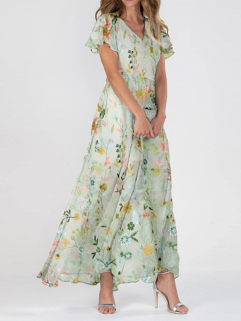 Floral Chiffon V-Neck Flutter Sleeve Maxi Dress for Women