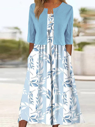 Sleeveless Leaf Print Midi Dress with Jacket for Women