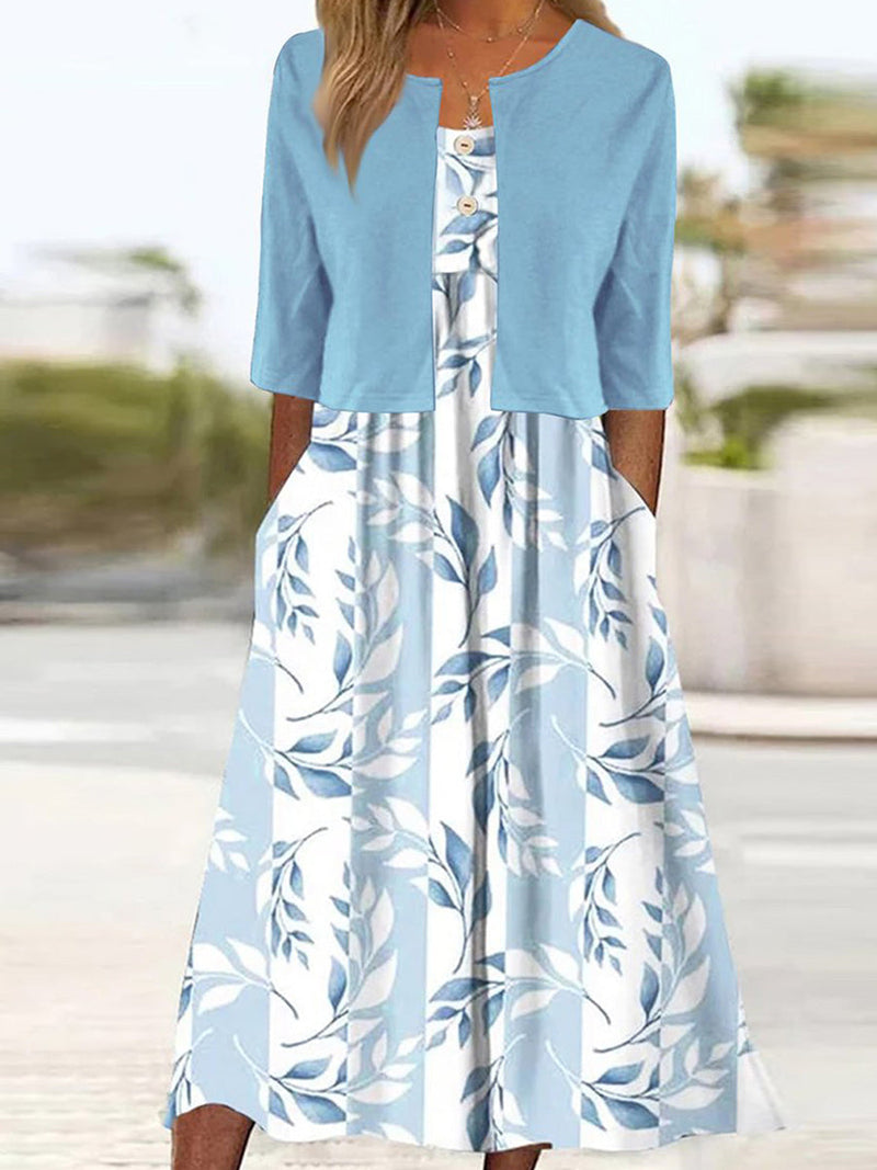 Sleeveless Leaf Print Midi Dress with Jacket for Women