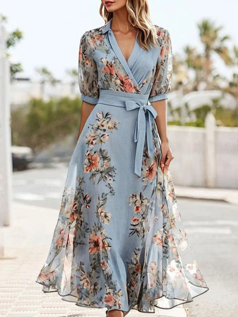 Floral Wrap V-Neck Short Sleeve Chiffon Midi Dress with Belt