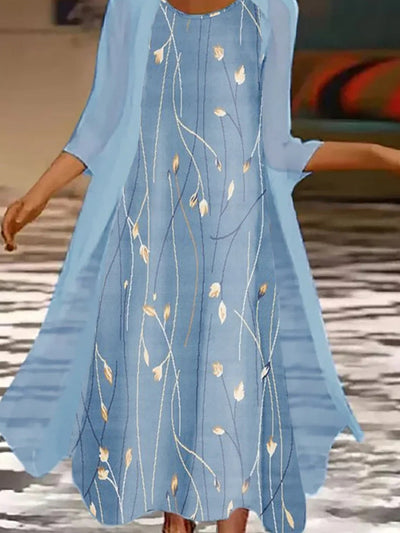 Floral Print Layered Midi Dress with Outer Layer for Women