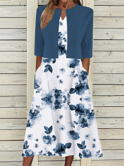 Floral Print Midi Dress with Half Sleeve Front-Open Jacket for Women