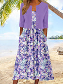 Floral Midi Dress with Cropped Jacket Casual Elegant Two-Piece Set for Women