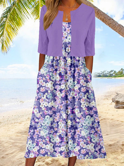 Floral Midi Dress with Cropped Jacket Casual Elegant Two-Piece Set for Women