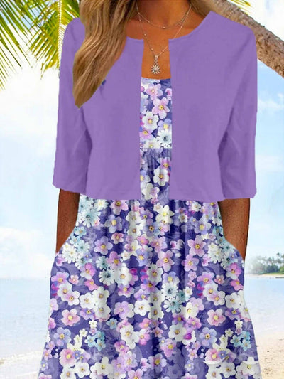 Floral Midi Dress with Cropped Jacket Casual Elegant Two-Piece Set for Women