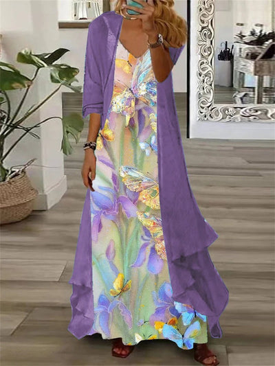 Purple Floral Long Sleeve V-Neck Two Pieces Maxi Dress