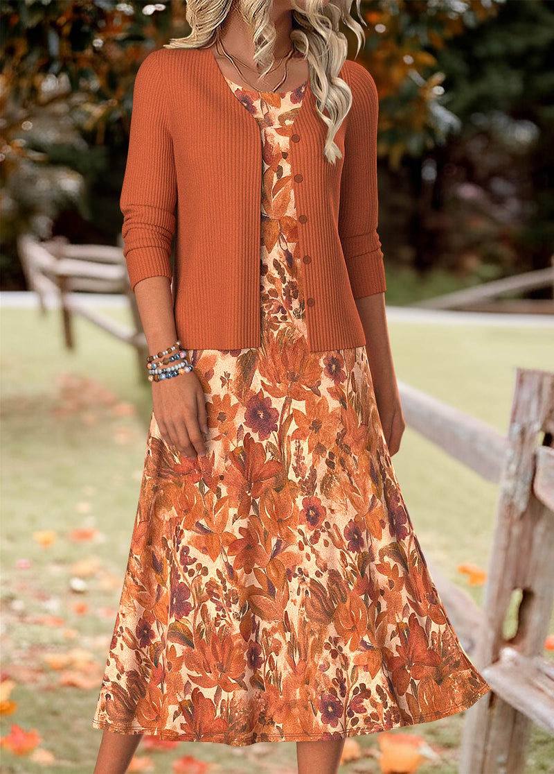 Elegant Orange Floral Print Midi Dress with Matching Long Sleeve Cardigan