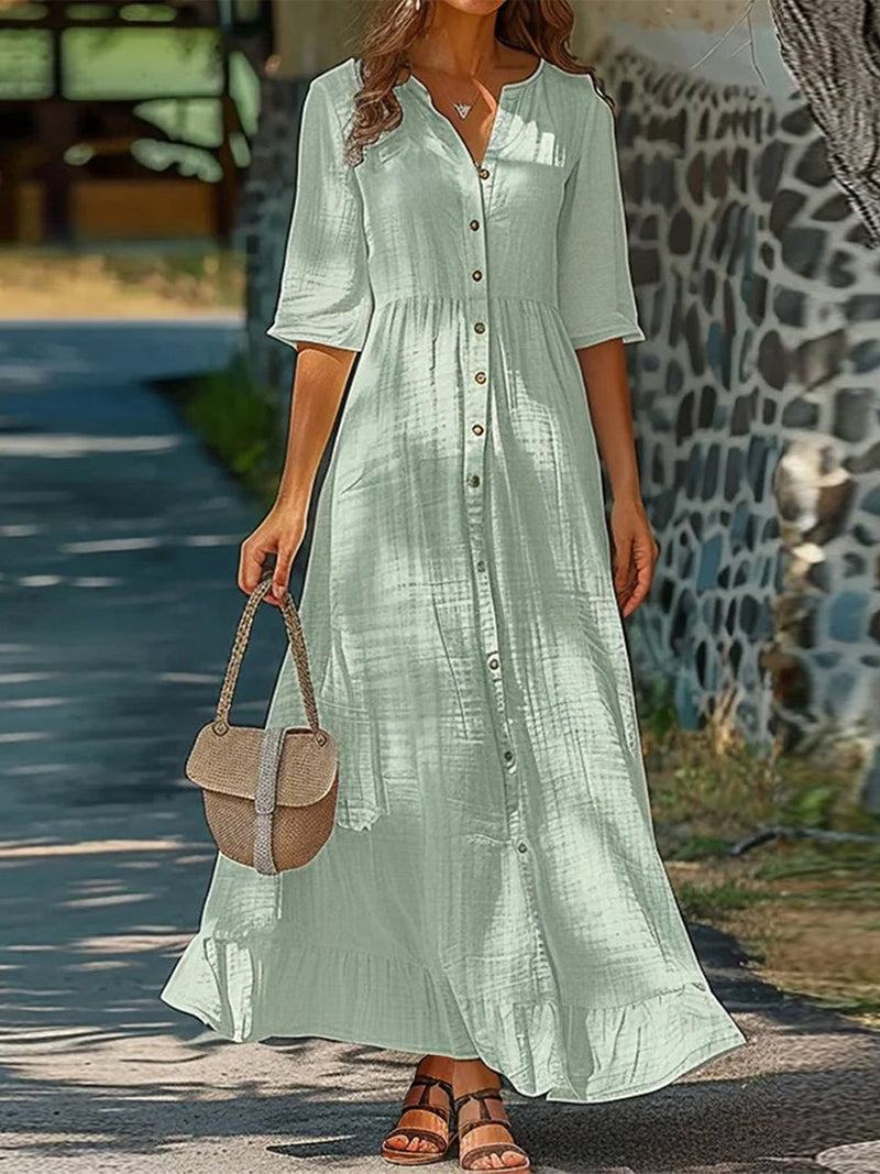 Women's Solid Button-Front V-Neck Maxi Dress with Half Sleeves