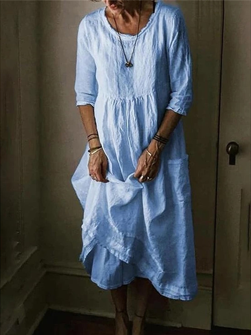 Cotton Crew Neck Half Sleeve Pocket Casual Maxi Dress