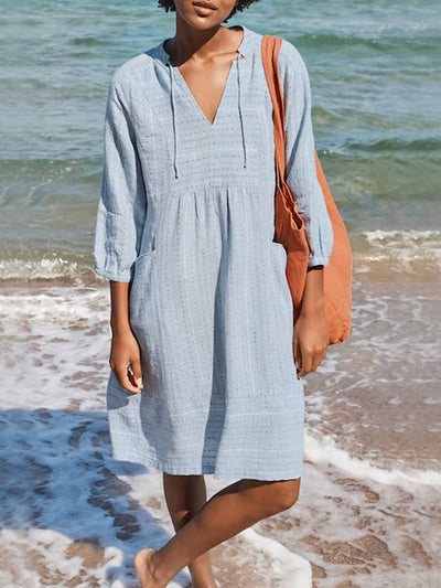Plain V-neck 3/4 Sleeves Comfy Midi Dress